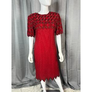 Vintage 80s Ruby Red Beaded Cocktail Dress Sz M-L